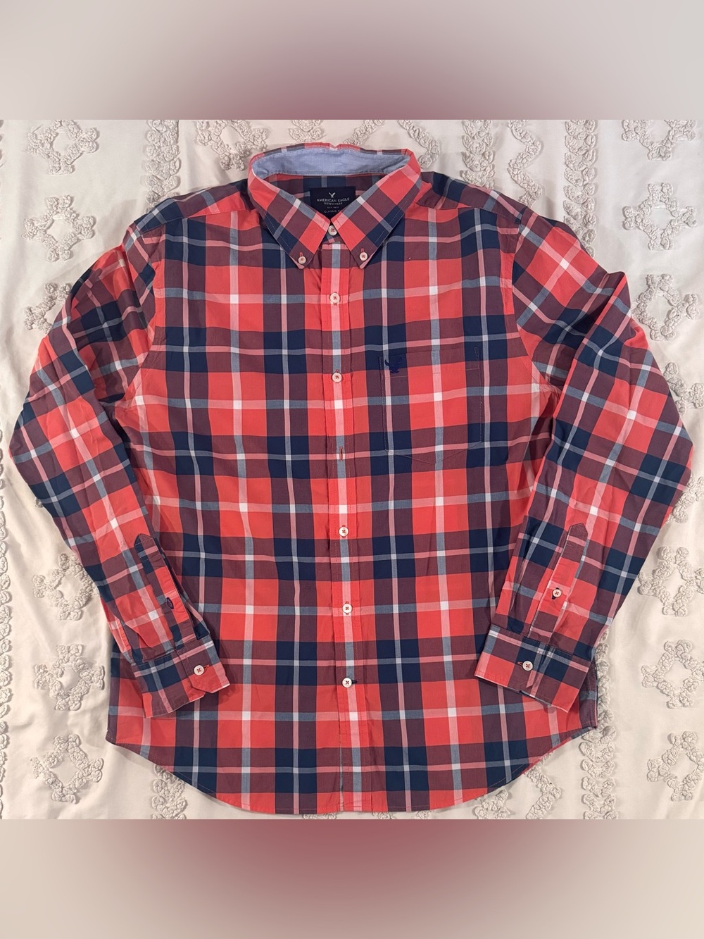 American Eagle Outfitters Men’s Coral Red & Navy Plaid Button-Down Shirt